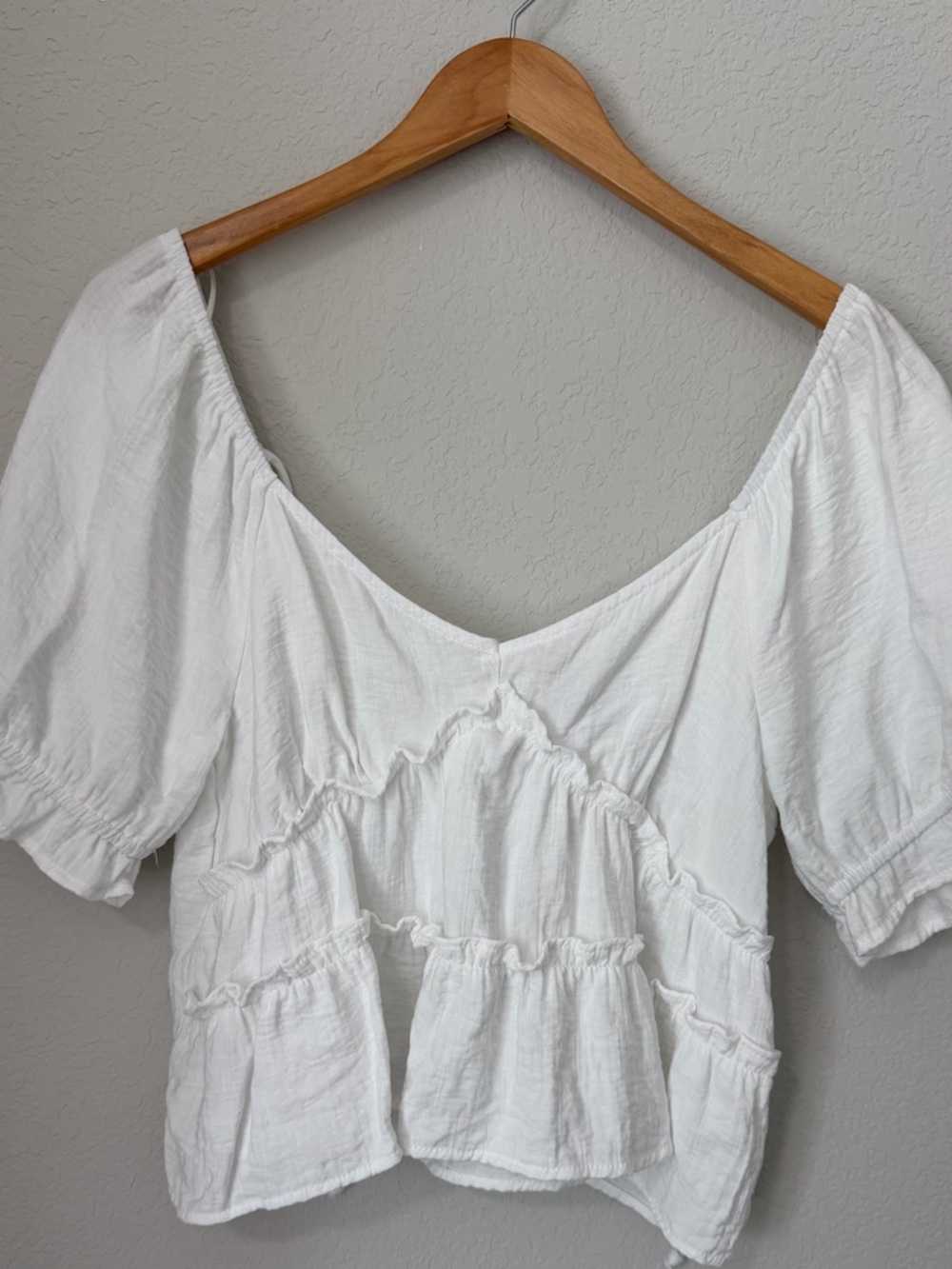 KIRIOUS White Puff Sleeve Crop Top Boho Babydoll Ruffle Blouse Size L - Picture 5 of 10